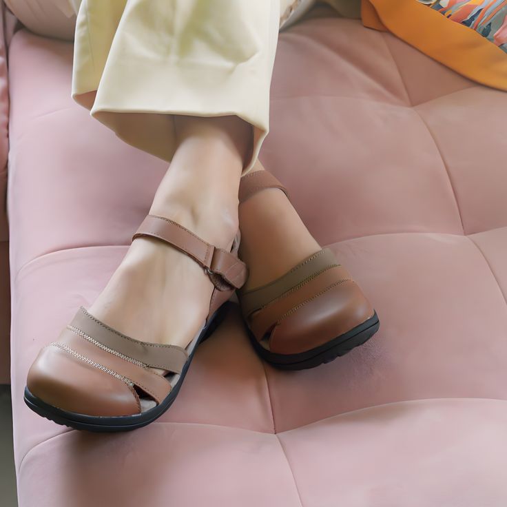 Meet your new go-to shoe: our Camille Women's Leather Casual Shoe. Made of our newest two toned leather with a round toe design, these shoes are versatile enough to be worn with anything from jeans to shorts to your favorite summer dress. Perfect for travel or a summer vacation, these shoes are both comfortable and stylish. Casual Brown Ankle Strap Flats, Brown Casual Flats With Arch Support, Spring Leather Shoes With Ankle Strap And Rubber Sole, Spring Ankle Strap Leather Shoes With Rubber Sole, Comfortable Leather Sandals With Almond Toe, Leather Flats With Rubber Sole For Walking, Casual Sandals With Leather Sole For Everyday, Casual Sandals With Rubber Sole For Everyday Use, Comfortable Round Toe Walking Sandals