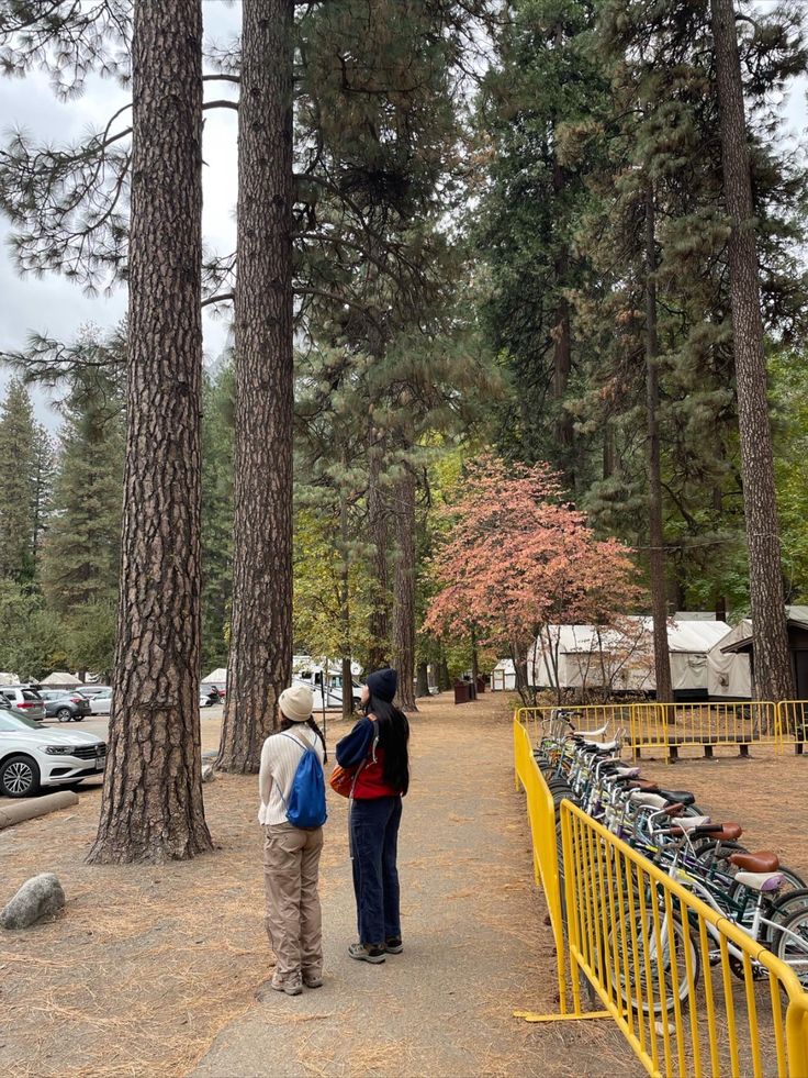 two people standing next to each other in front of trees and parked bikes on the road