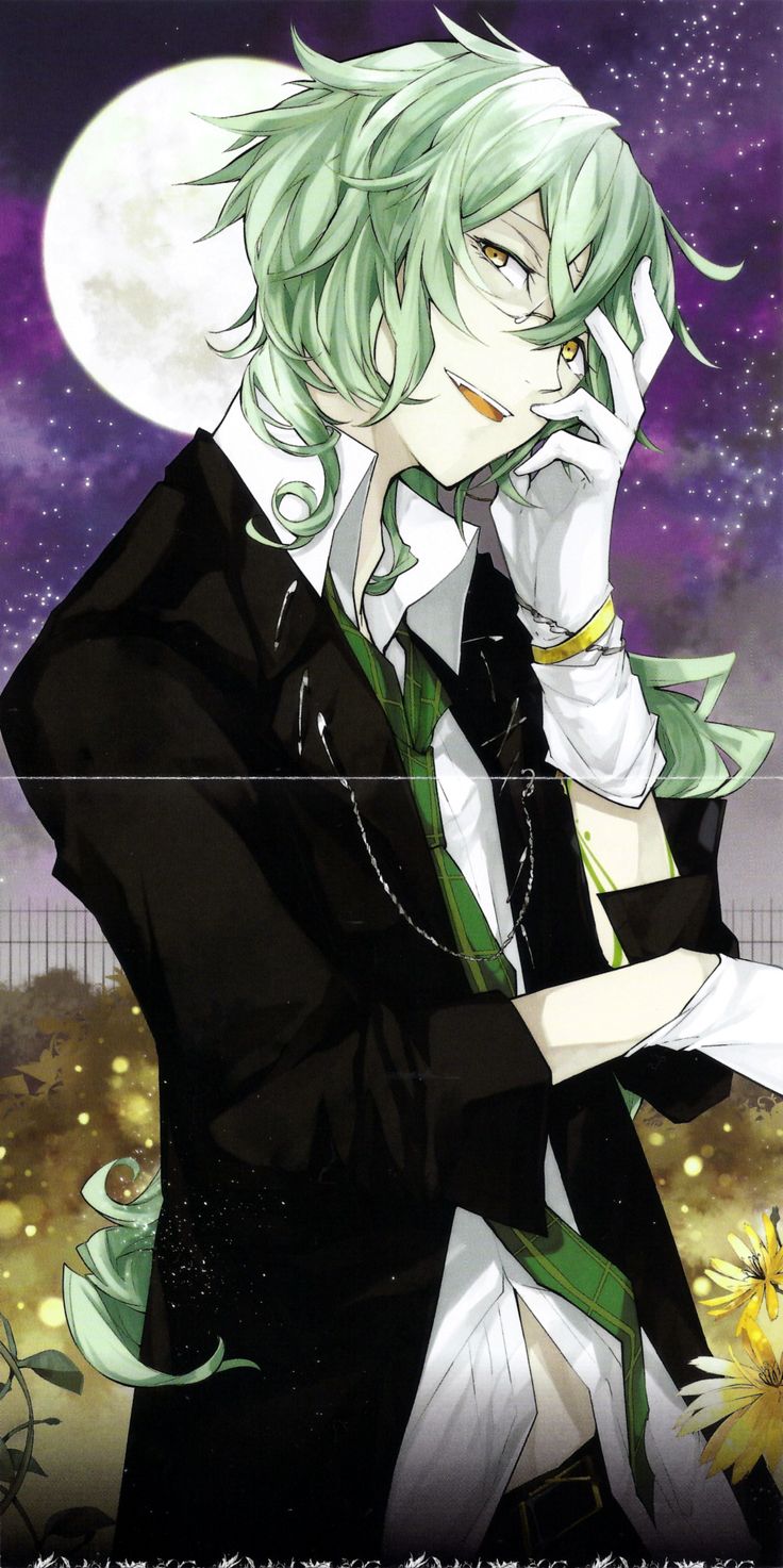 an anime character with white hair and green eyes is holding his hand to his face