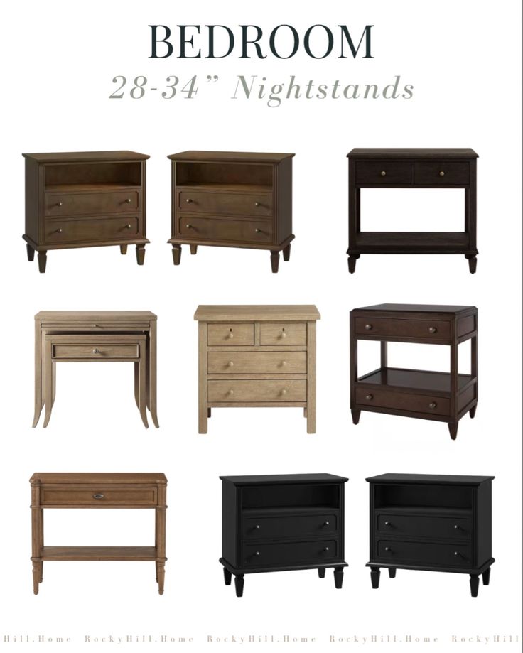 the bedroom furniture is displayed in different styles and colors, including nightstands with drawers