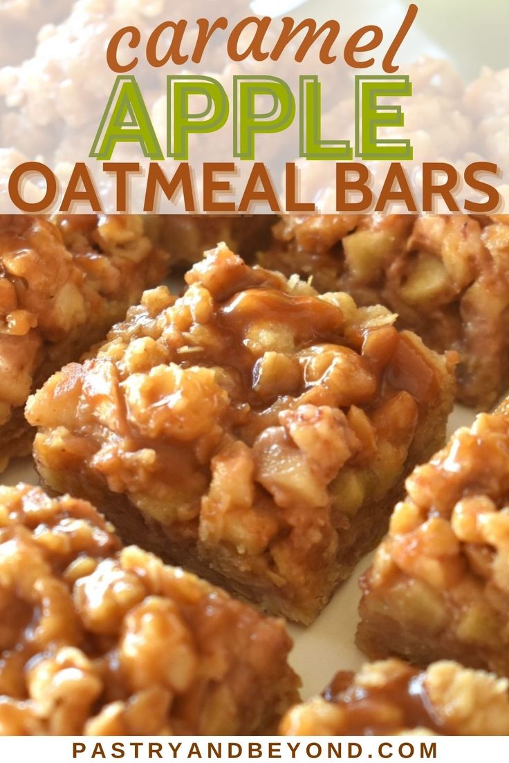 caramel apple oatmeal bars on a white plate with text overlay