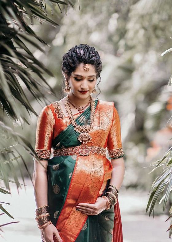 Sreemantham Saree Ideas, Indian Maternity Photos Saree, South Indian Seemantham Photos, Seemantham Look, Blouse Design For Seemantham, Sarees For Seemantham, Valakappu Saree, Baby Shower Saree Indian Green, Maternity Blouse Designs