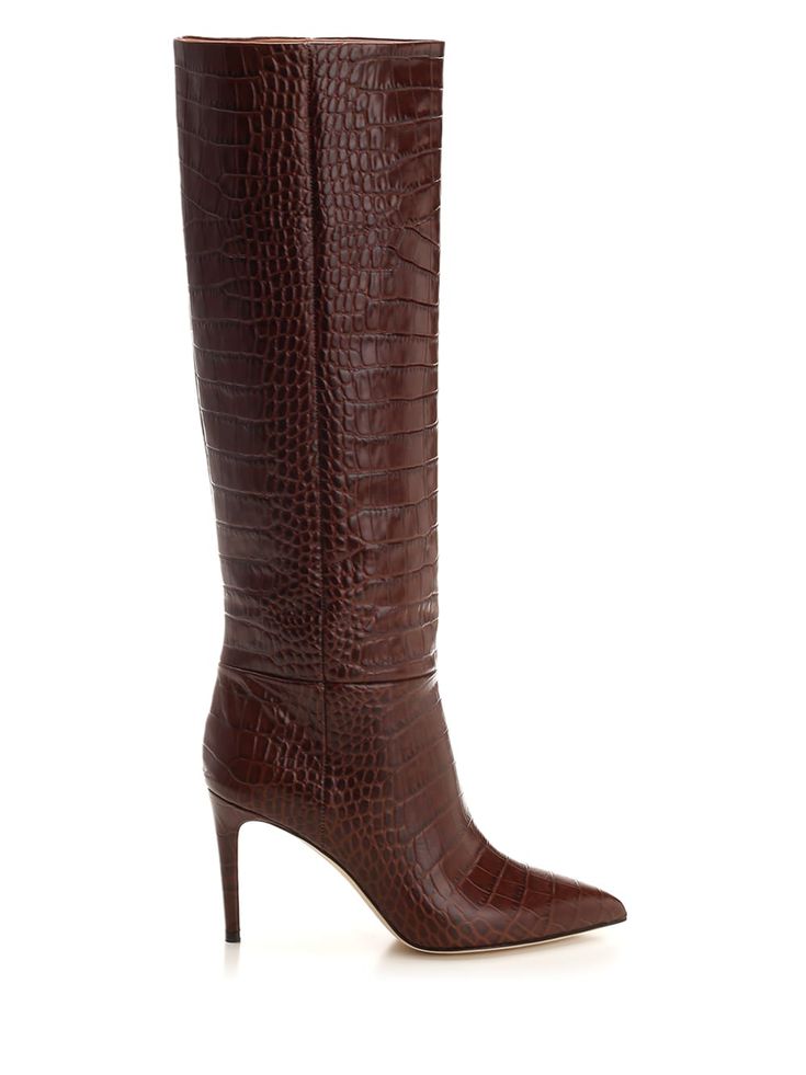 Brown crocodile print semi-glossy leather boot from Paris Texas, with pointed toe, covered stiletto heel, tube shaft. Composition: UPPER 100% CALF BOS TAURUS LINING 100% OVIS ARIES SOLE 100%CALF Brown Leather Boots With Crocodile Pattern, Fitted Crocodile Pattern Boots With Pointed Toe, Tall Brown Alligator Boots, Tall Crocodile Print Boots, Brown Crocodile Tall Boots, Print Boots, Crocodile Shoes, High Heel Rain Boots, Crocodile Print