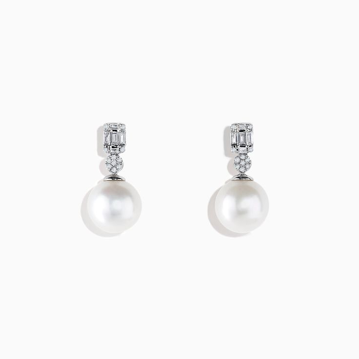 Effy Pearl 14K White Gold Fresh Pearl and Diamond Drop Earrings Classic Bridal Earrings With 17 Jewels For Anniversary, Classic Cluster Earrings For Formal Occasions, Timeless Brilliant Cut White Gold Pearl Earrings, Timeless White Gold Pearl Earrings With Brilliant Cut, Exquisite White Gold Cluster Earrings For Formal Occasions, Exquisite White Gold Cluster Earrings For Formal Events, Refined 14k Gold Earrings For Formal Occasions, Classic Hallmarked White Gold Earrings, Formal White Gold Cluster Earrings Hallmarked