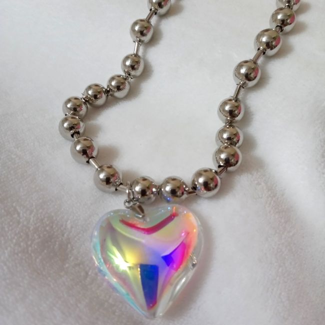 Rainbow Transparent Heart Necklace Choker White Heart Necklace For Party, Clear Heart Charm Necklace, White Heart Pendant Necklace For Party, Trendy White Heart Necklace For Party, Heart-shaped Glass Necklace, Clear Heart Charm Necklace With Heart Pendant, Heart Shaped Glass Necklace, Transparent Heart, Rainbow Choker