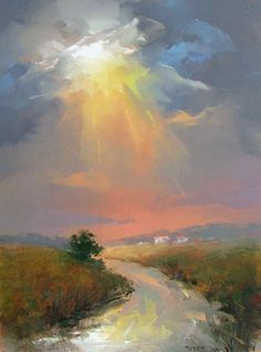 an oil painting of a sunset over a dirt road