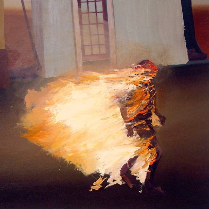 a painting of a person standing in front of a door with fire coming out of it