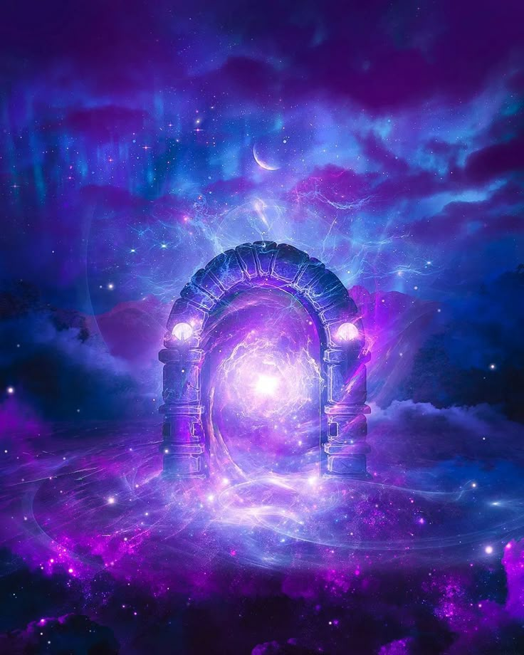 an open doorway in the sky with stars and clouds around it, surrounded by bright lights