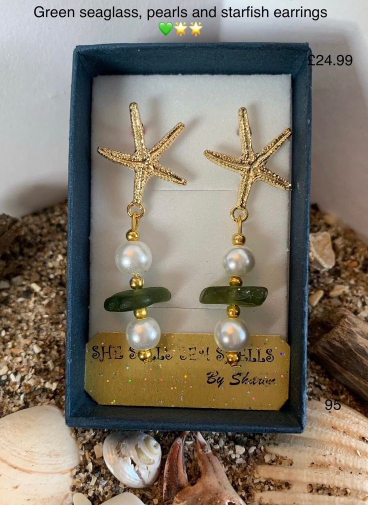 Beautiful starfish droplet earrings with a green seaglass & pearl droplet, unique and handmade just for you! Handmade Green Starfish Jewelry, Handmade Green Starfish-shaped Jewelry, Green Starfish Jewelry For Beach, Droplet Earrings, Starfish Earrings, Sea Glass, Starfish, Jewelry Earrings Dangle, Etsy Earrings