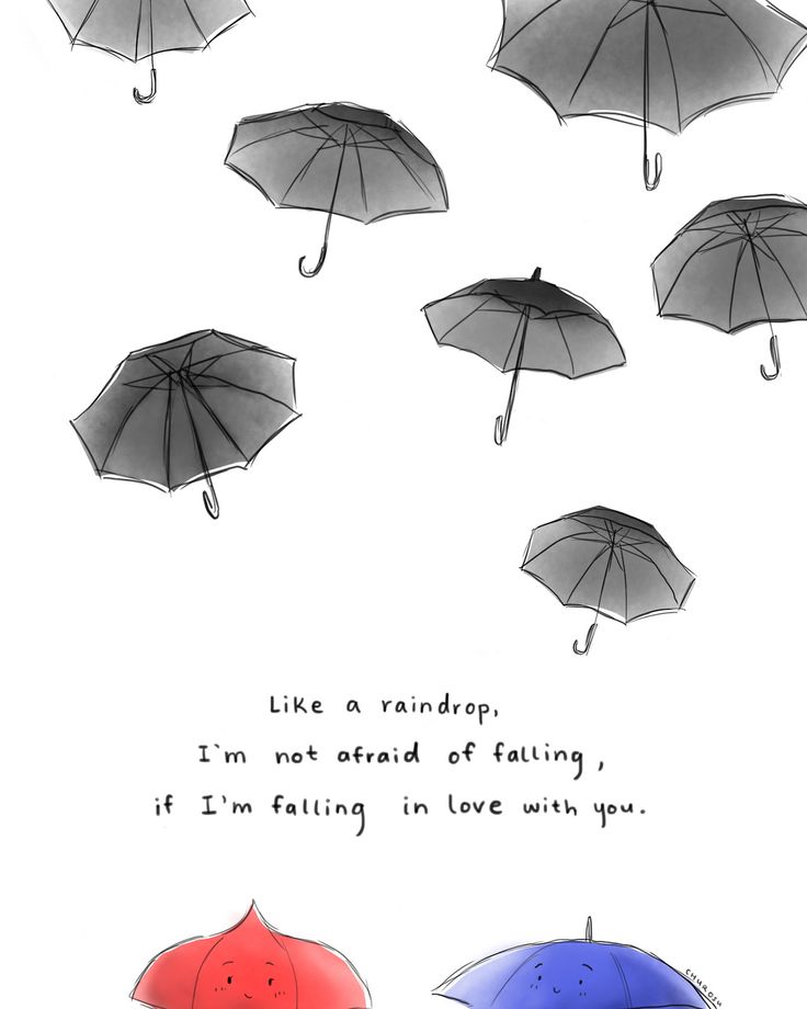 four umbrellas with the words like a raindrop, i'm not afraid of falling if i'm falling in love with you