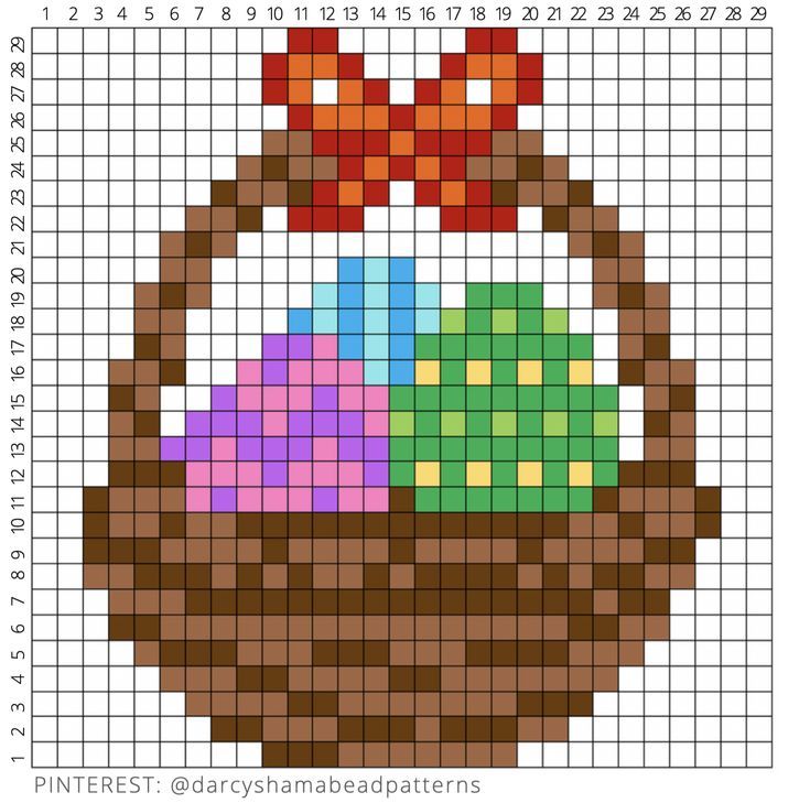 a cross stitch pattern with a basket filled with easter eggs and bows on the top