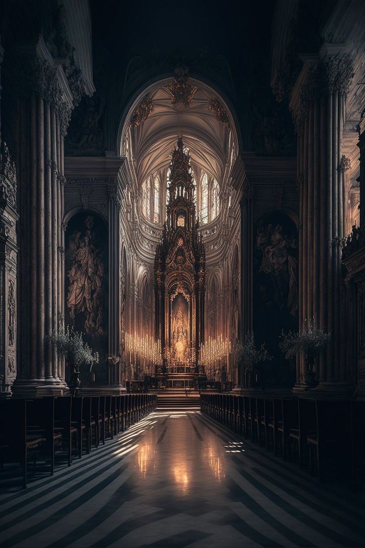 the interior of a church with pews and stained glass windows on either side of the alter