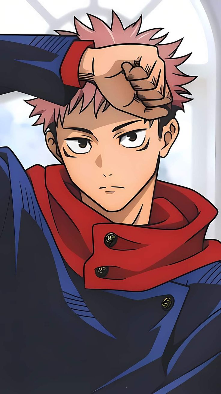 an anime character with red hair and blue eyes, wearing a red scarf around his neck