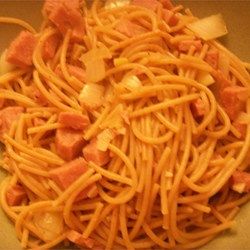 pasta with meat and onions in a bowl