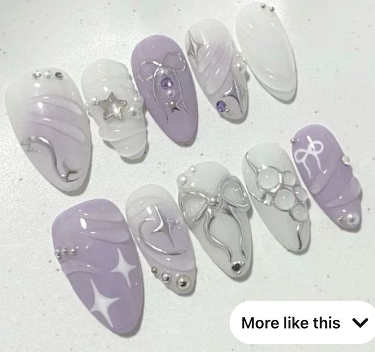 Korean Pastel Nails, Korean Nail Inspo Almond, Kawaii Lavender, Nails Coquette, Pearl Nail Art, Coquette Nails, Pearl Nail, Nails Easter, Fake Nails Designs