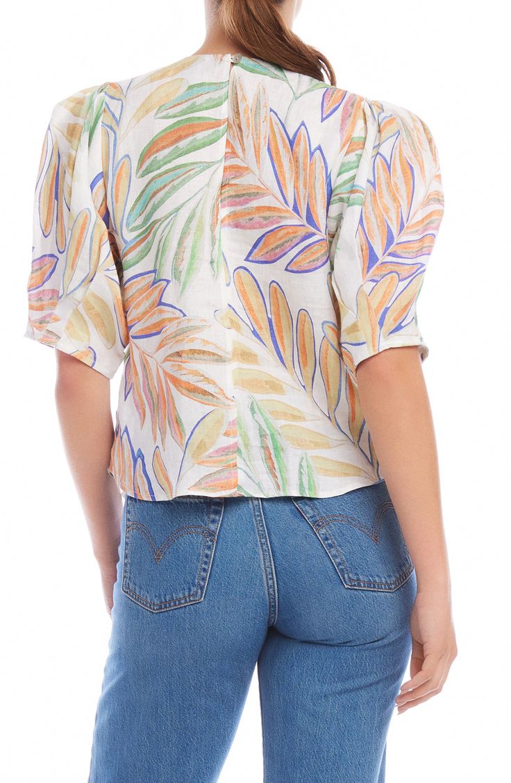 Get in vacation mode with this pretty puff-sleeve top cut from lightweight, breathable linen with a vibrant tropical print. 22 1/2" length (size Small) Back keyhole with button-and-loop closure Crewneck Elbow-length sleeves 100% linen Dry clean Made in the USA of imported fabric Vacation Mode, Designer Clothes For Men, Puff Sleeve Top, Denim Jumpsuit, Elbow Length Sleeve, Linen Top, Women's Summer Fashion, Tropical Print, Athletic Women