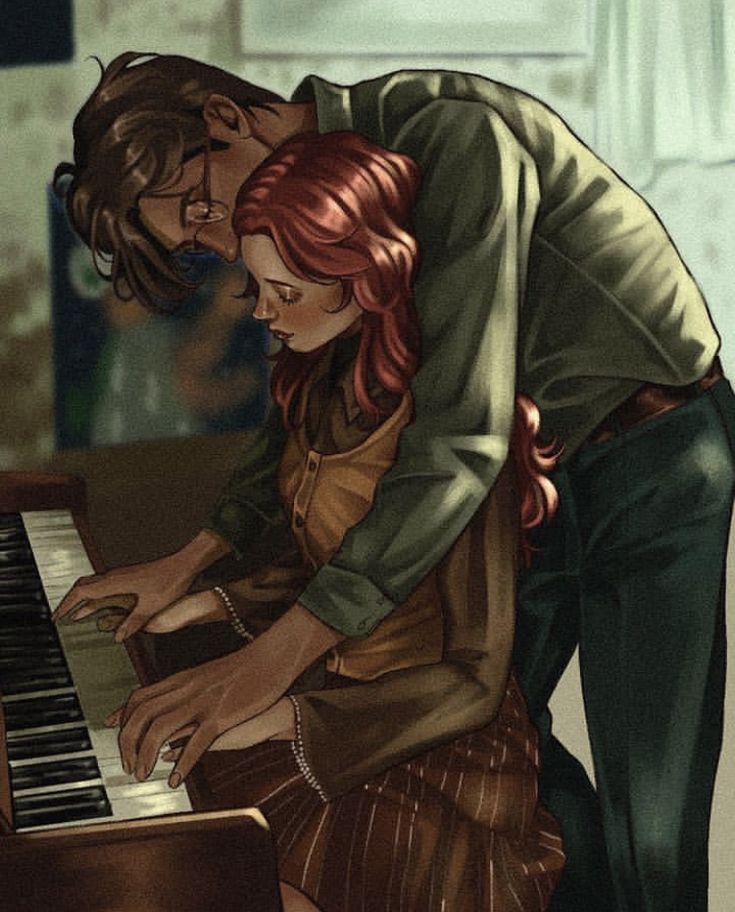 a man and woman leaning over a piano playing the piano keys with their heads close to each other