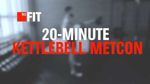 a man standing in front of a window next to a wall with the words 20 - minute kettlebell meton on it