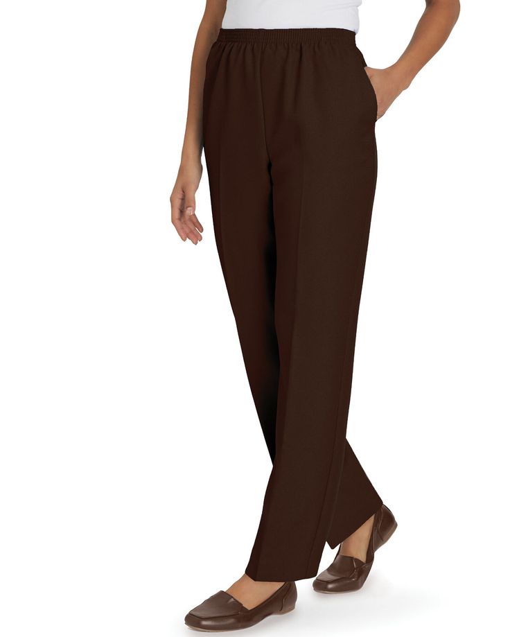 Classic style with zero fuss! Our Alfred Dunner® Classic Pull-On Pants are ready for anything with an easy care relaxed fit in a convenient pull-on design. The multi-stitched elasticized waist and handy front pockets add to the stylish yet comfortable look. • Alfred Dunner® Classic Pull-On Pants. • Multi-stitched elasticized waist. • Handy front pockets. • 30" inseam; Petites, 28"; Petite Short, 27". • 100% polyester. • Machine wash and dry. • Imported. Petite Shorts, Alfred Dunner, Color Swatch, Pants Jeans, Pull On Pants, Fit In, Jeans Pants, Bottoms Pants, Harem Pants