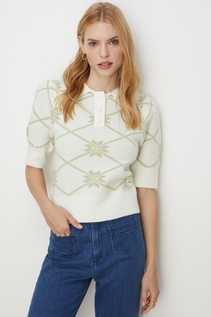 Style: Midweight JumperDesign: JacquardFabric: KnittedLength: RegularNeckline: CollaredSleeve Length: Short Sleeve Polo Knit, Oasis Fashion, Floral Jacquard, Ladies Fashion, Fashion Face, Jumpers And Cardigans, Knit Top, Oasis, Cardigans