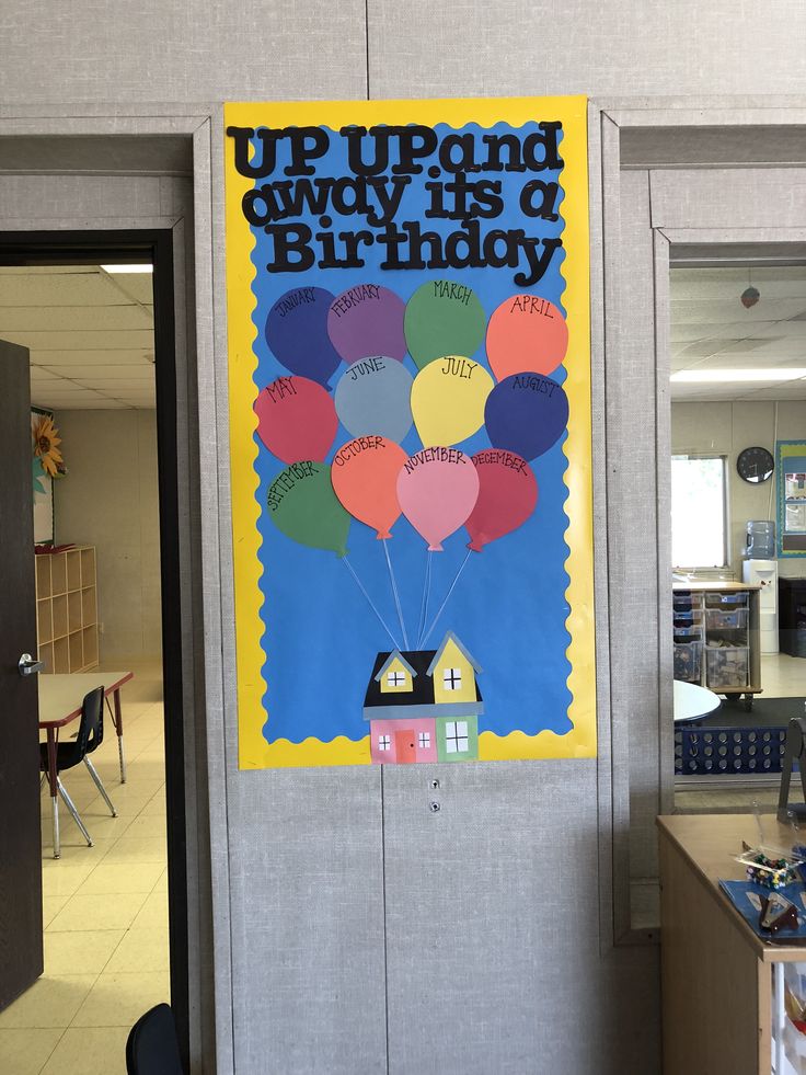 UP themed Disney board for the class’ birthdays. 3 Year Classroom Ideas, Disney Cubby Name Tags, Disney Themed Elementary Classroom, Birthday Bulletin Board Ideas Preschool, Class Birthday Board Disney, Disney Theme Infant Room, Disney Birthday Wall Ideas For Classroom, Up Theme Bulletin Board, Disney Up Classroom Theme