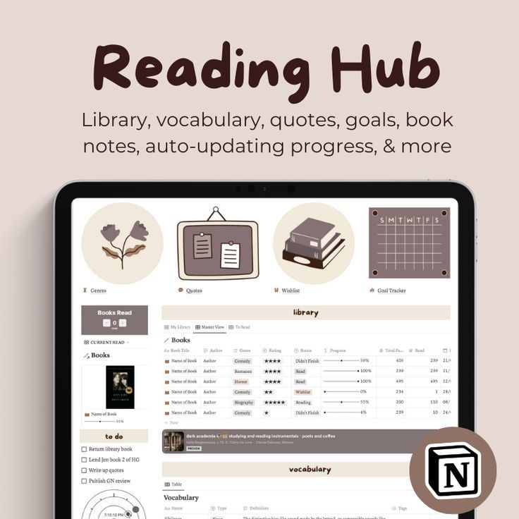 a tablet with the words reading hub on it and an image of books in front of it