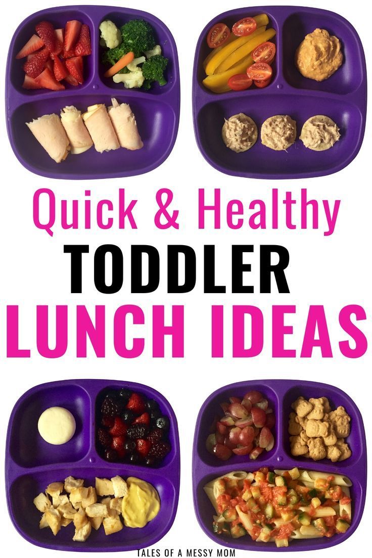 the words quick and healthy toddler lunch ideas are shown in purple trays with different foods