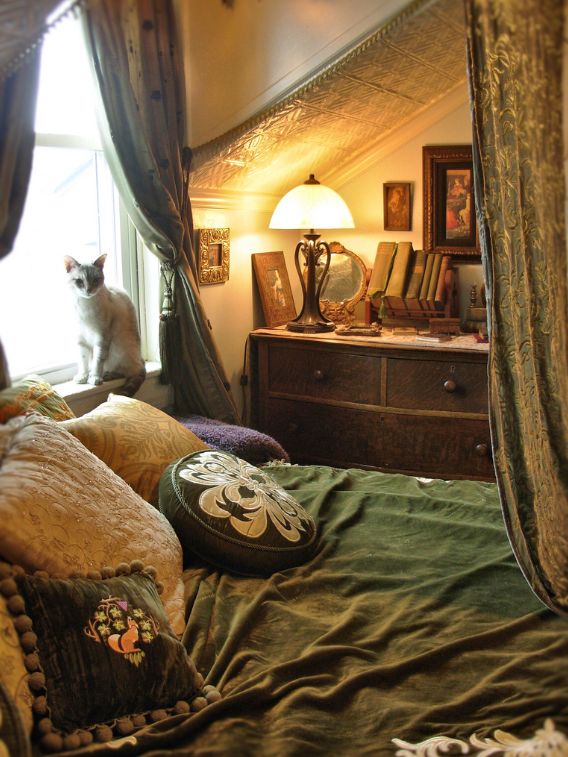 a cat sitting on top of a bed next to a window