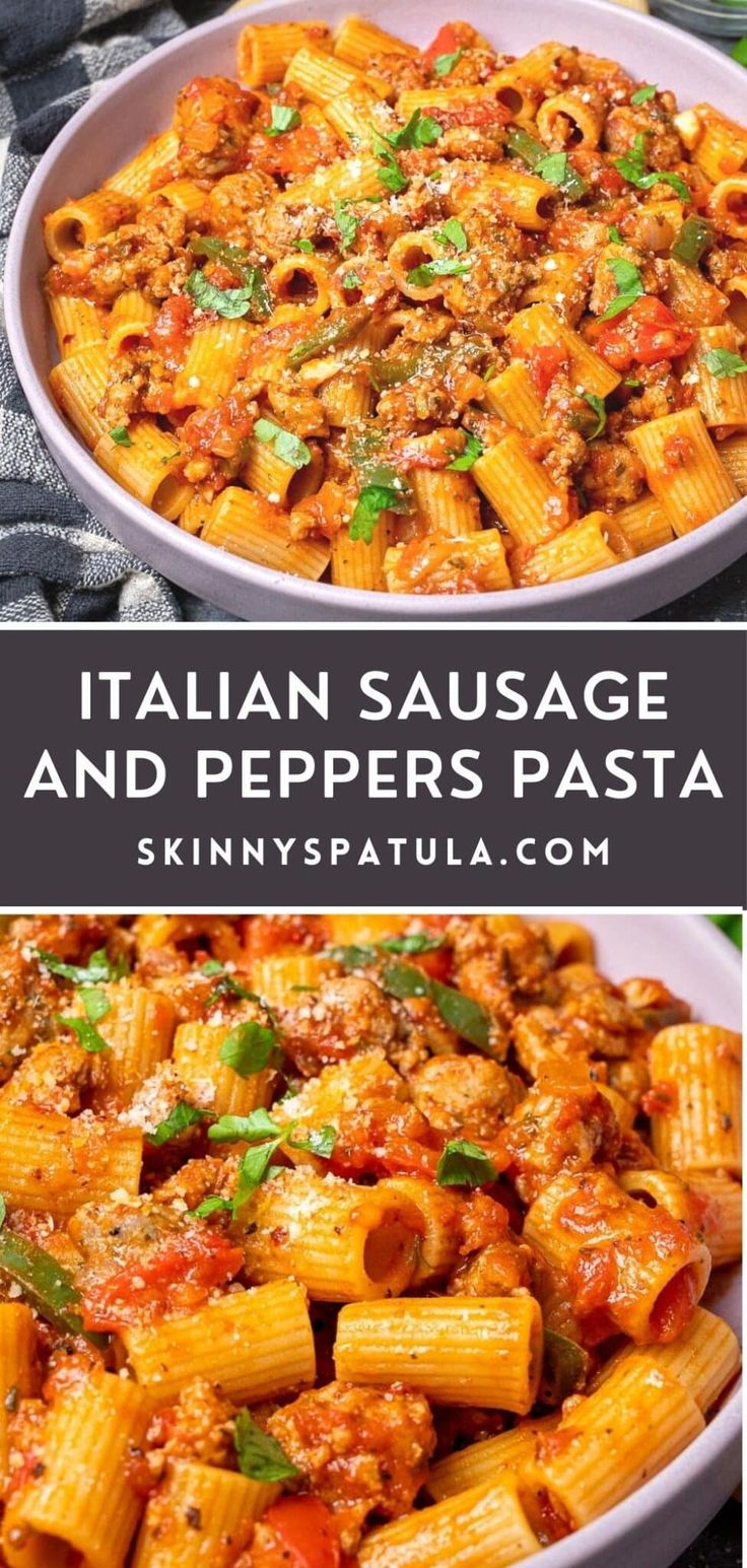 two pictures with different types of pasta in them and the words italian sausage and peppers pasta