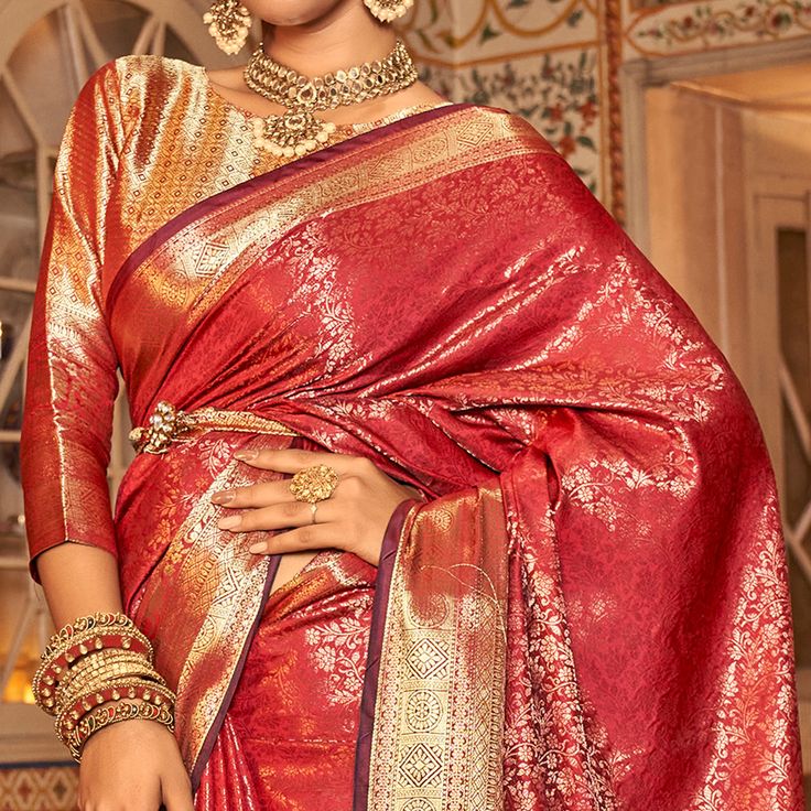 Red colored saree is made from kanjivaram silk fabric which is highlighted with beautiful weaving work as shown. Comes along with unstitched kanjivaram silk blouse piece which you can customise as per your design/style. Occasion - You can wear this saree for party, functions and special occasion, ideal for any fashionista. Note:- The actual product may differ slightly in color and design from the one illustrated in the images when compared with computer or mobile screen. Measurements: Saree : KanjiVaram : 5.5 Mtrs Blouse : KanjiVaram Silk : 0.8 Mtr Material: KanjiVaram Silk Stitch Type: Unstitched Country of Origin: India Care Guide: Dry Clean Eid Traditional Wear With Unstitched Blouse, Unstitched Banarasi Silk Blouse For Rituals, Blouse Piece With Zari Weaving For Navratri Rituals, Navratri Blouse Piece With Zari Weaving For Rituals, Navratri Ritual Blouse Piece With Zari Weaving, Banarasi Silk Saree For Navratri Rituals, Festive Saree Blouse Piece For Rituals, Navratri Banarasi Silk Saree For Rituals, Pre-draped Art Silk Saree With Pallu For Rituals