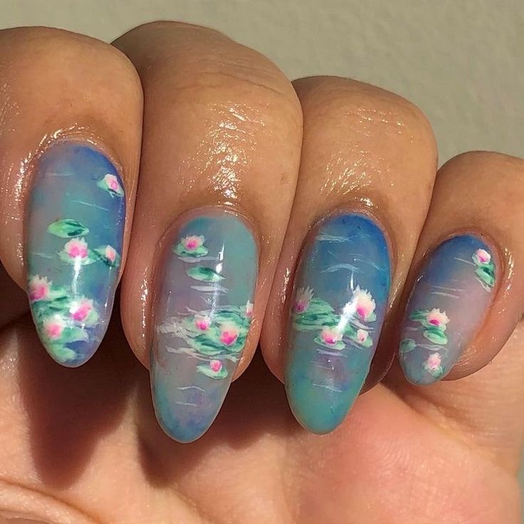 Impressionist Nail Art, Lily Pad Nail Art, Water Lily Nail Art, Water Nail Art Design, Nail Art Realistic, Pond Nail Art, Water Gel Nails, Fine Art Nails, Impressionist Nails