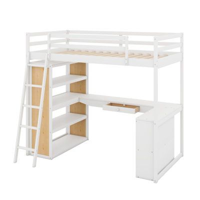 a white loft bed with desk underneath it and shelves on the bottom level, along with a ladder for storage