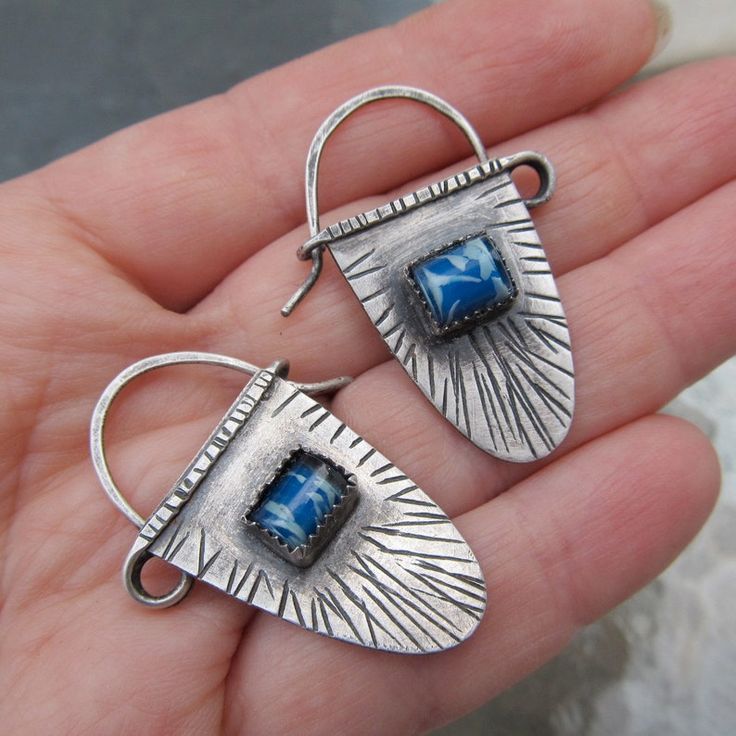 Silver Shield Earrings Blue Gem Dangles Rustic Stamped | Etsy Earrings Funky, Stamped Earrings, Ethnic Earrings, Blue Gems, Hanging Earrings, Dangling Earrings, Earrings Blue, Online Earrings, Earrings Sterling Silver