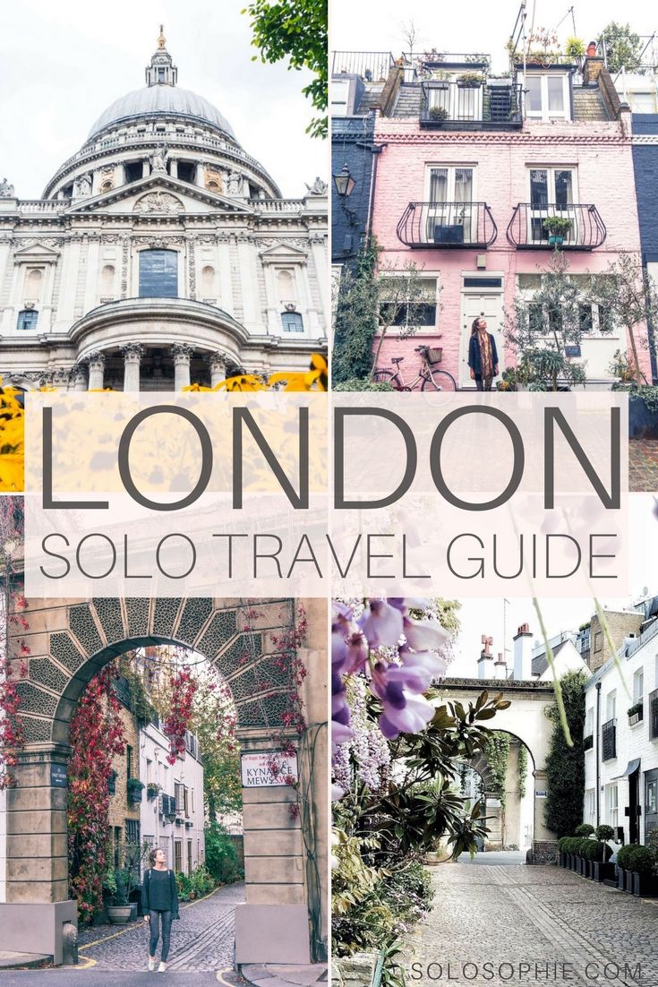 the london solo travel guide is shown in four different pictures, including buildings and flowers