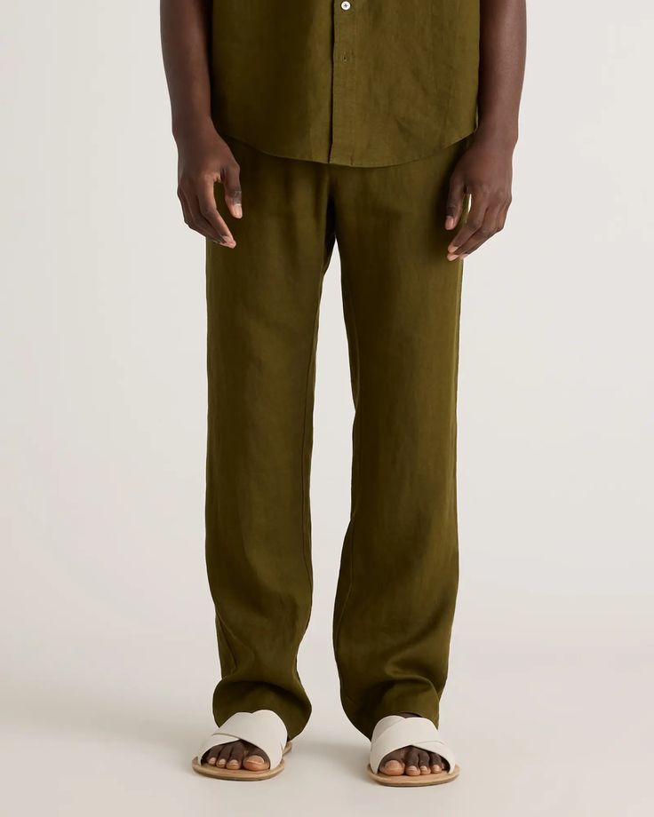 Men's 100% European Linen Pants Relaxed Fit Linen Cargo Pants With Pockets, Summer Loose Fit Linen Cargo Pants, Relaxed Green Bottoms With Pockets, Khaki Relaxed Fit Linen Bottoms, Khaki Linen Cargo Pants With Pockets, Relaxed Fit Khaki Linen Bottoms, Relaxed Fit Linen Khaki Bottoms, Linen Straight Cargo Pants With Side Pockets, Casual Green Linen Bottoms