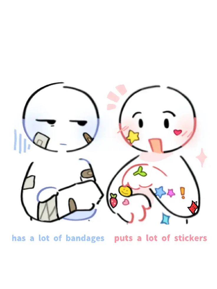 an image of two cartoon characters with the caption has a lot of bandages puts a lot of stickers