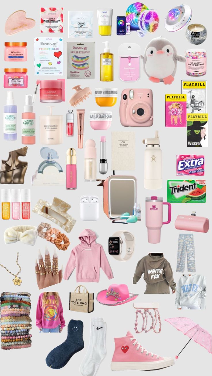 a collage of various items that include clothing, shoes, and other personal care products