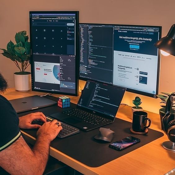 a man sitting in front of two computer monitors on top of a desk next to a laptop