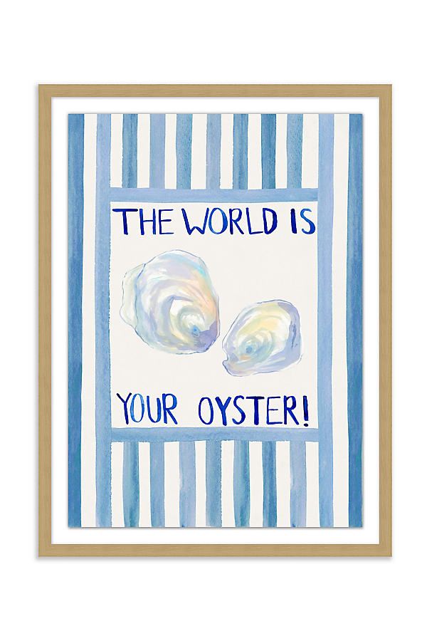 the world is your oyster art print in blue and white striped paper with gold frame