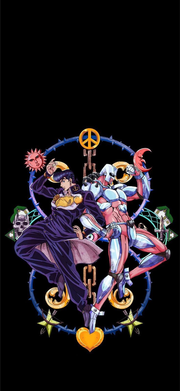 an image of two anime characters in front of a peace sign