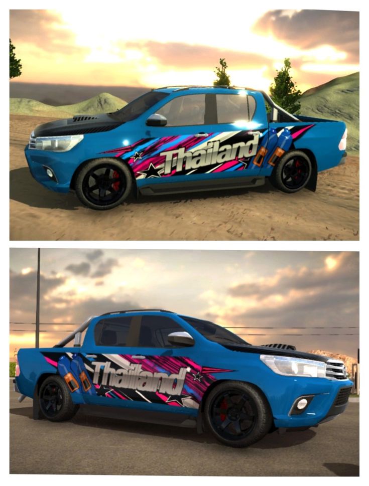 two different views of the same vehicle in each image, one is blue and the other is pink