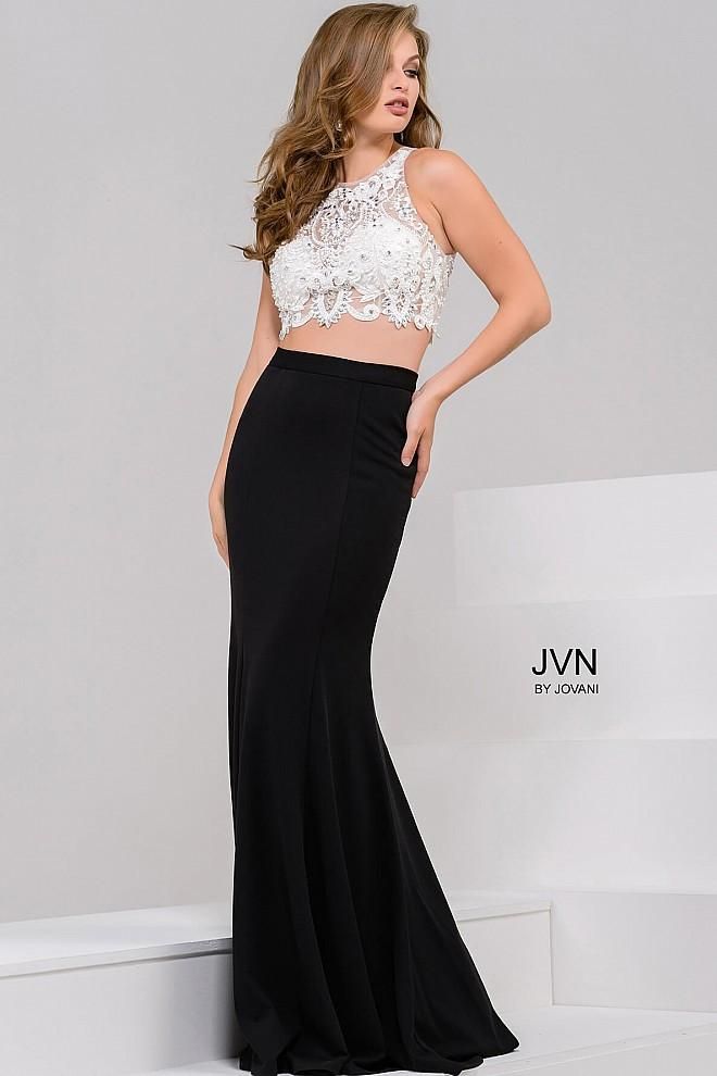 JVN by Jovani 48701 Two piece black and white prom dress in size 0 or 6 in stock Black And White Prom Dress, Long Skirt Formal, Black And White Prom Dresses, Black And White Two Piece, Two Piece Prom Dress, Black And White Gown, Two Piece Prom, Homecoming Formal Dresses, White Prom