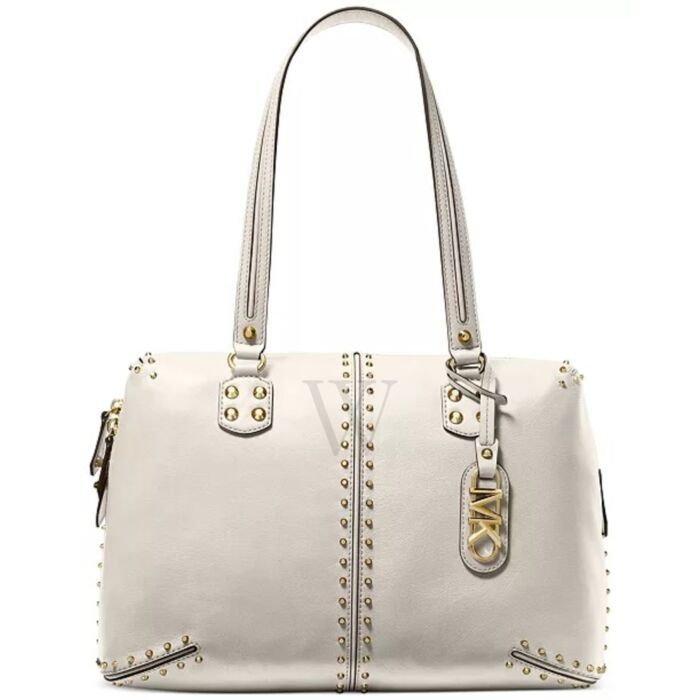 Michael Kors Shoulder Bag. SKU: 30S3GATE3L289. Color: Lt Cream. Size: 13. 5"W X 9. 75"H X 4. 5"D. Michael Kors Astor Studded Large Leather Shoulder Bag. This shoulder bag is made of leather with gold-tone hardware, and its interior includes a back zip pocket along with two front slip pockets, secured by a zip fastening. Michael Kors Shoulder Bag, Crossbody Messenger Bag, Light Cream, Studded Leather, Handbags Michael Kors, Shoulder Tote, Handbag Backpack, Leather Tote Bag, Handbag Accessories