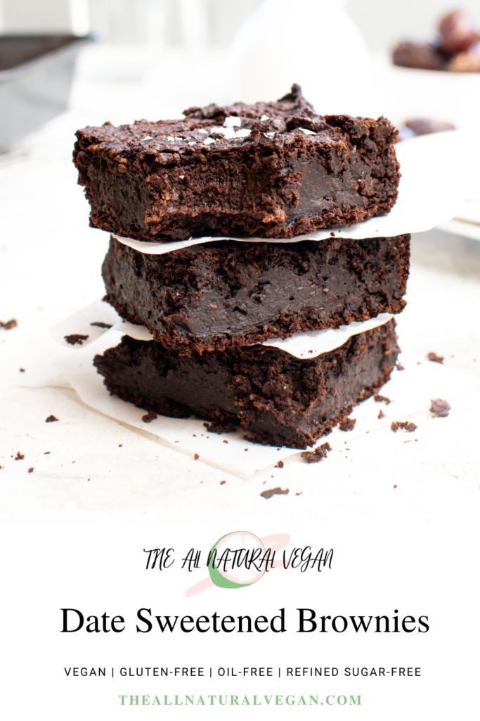 three brownies stacked on top of each other with the text date sweetened brownies