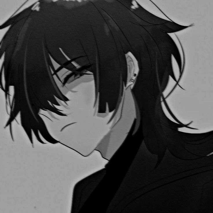 an anime character with long black hair and bangs looking to his left, in front of a gray background