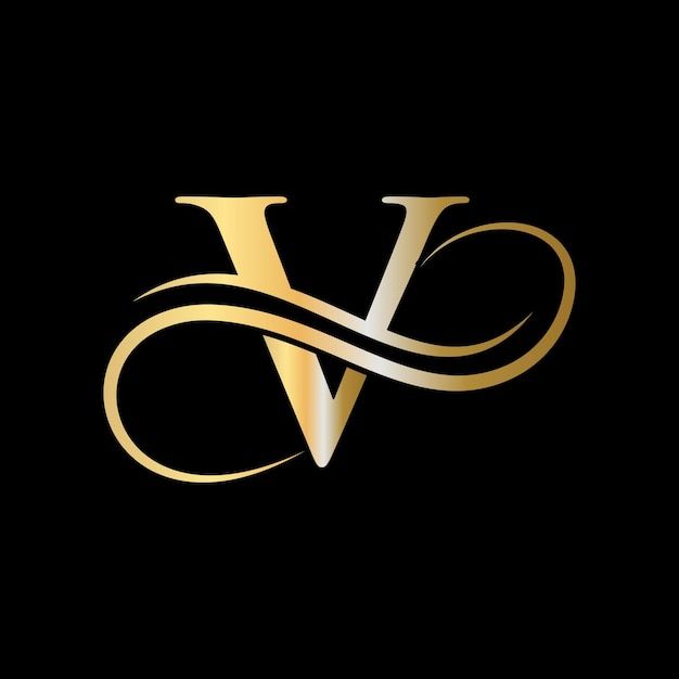 the letter v is made up of gold and silver lines on a black background with an elegant