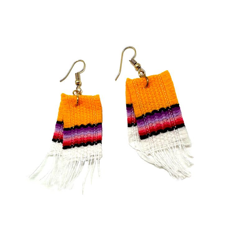 Handmade Mexican Earrings - Serape Jewelry Mexico Orange Traditional Colorful Festival Earrings, Fair Trade Adjustable Earrings, Fair Trade Orange Jewelry Gift, Orange Fair Trade Jewelry Gift, Colorful Traditional Earrings, Adjustable Multicolor Wrap Earrings With Ear Wire, Yellow Handwoven Drop Earrings, Orange Drop Earrings For Festival, Summer Festival Orange Earrings