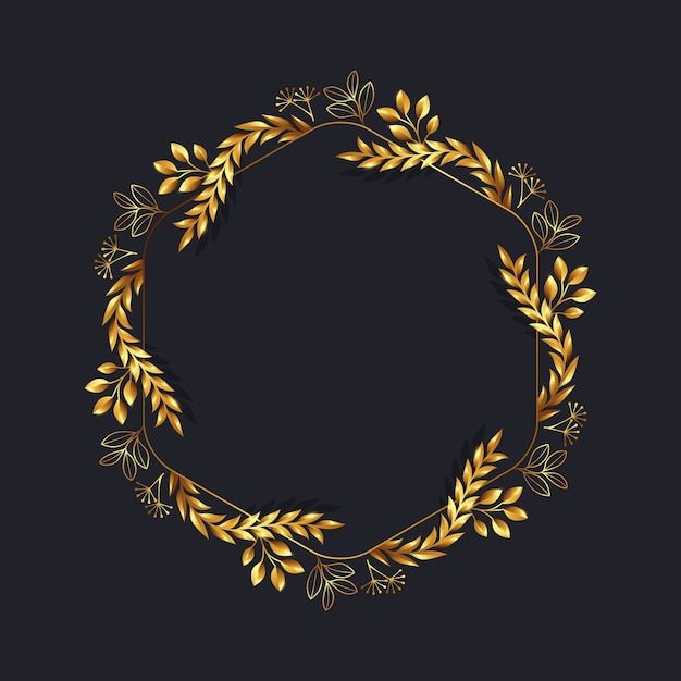 a gold wreath with leaves on a black background