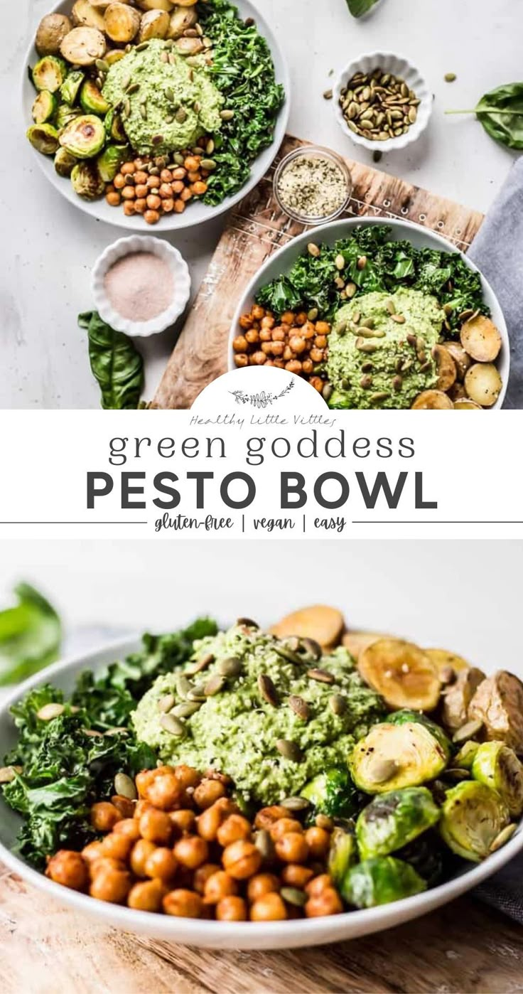 green goddess pesto bowl with chickpeas and broccoli