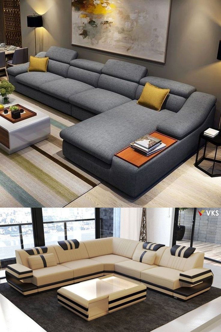 two pictures of a living room with couches and coffee tables in it, one is grey and the other is yellow